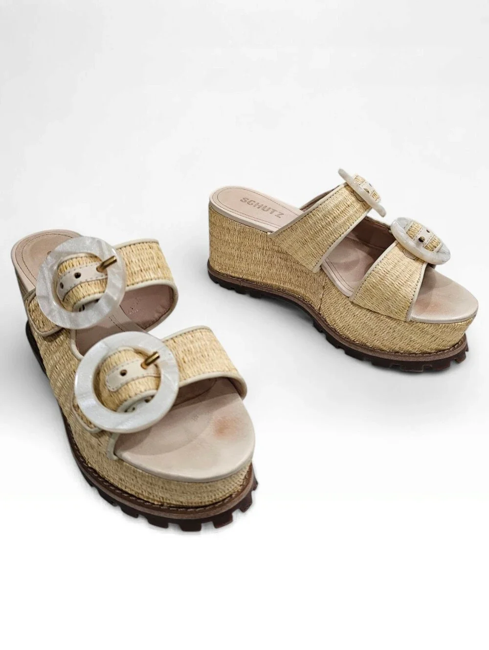 SCHUTZ Bela Platform Raffia Wedge Slide Sandals In Natural & Egg Shell 6B